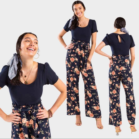 New With Tags! Navy and Floral Jumpsuit - Picture 2 of 4